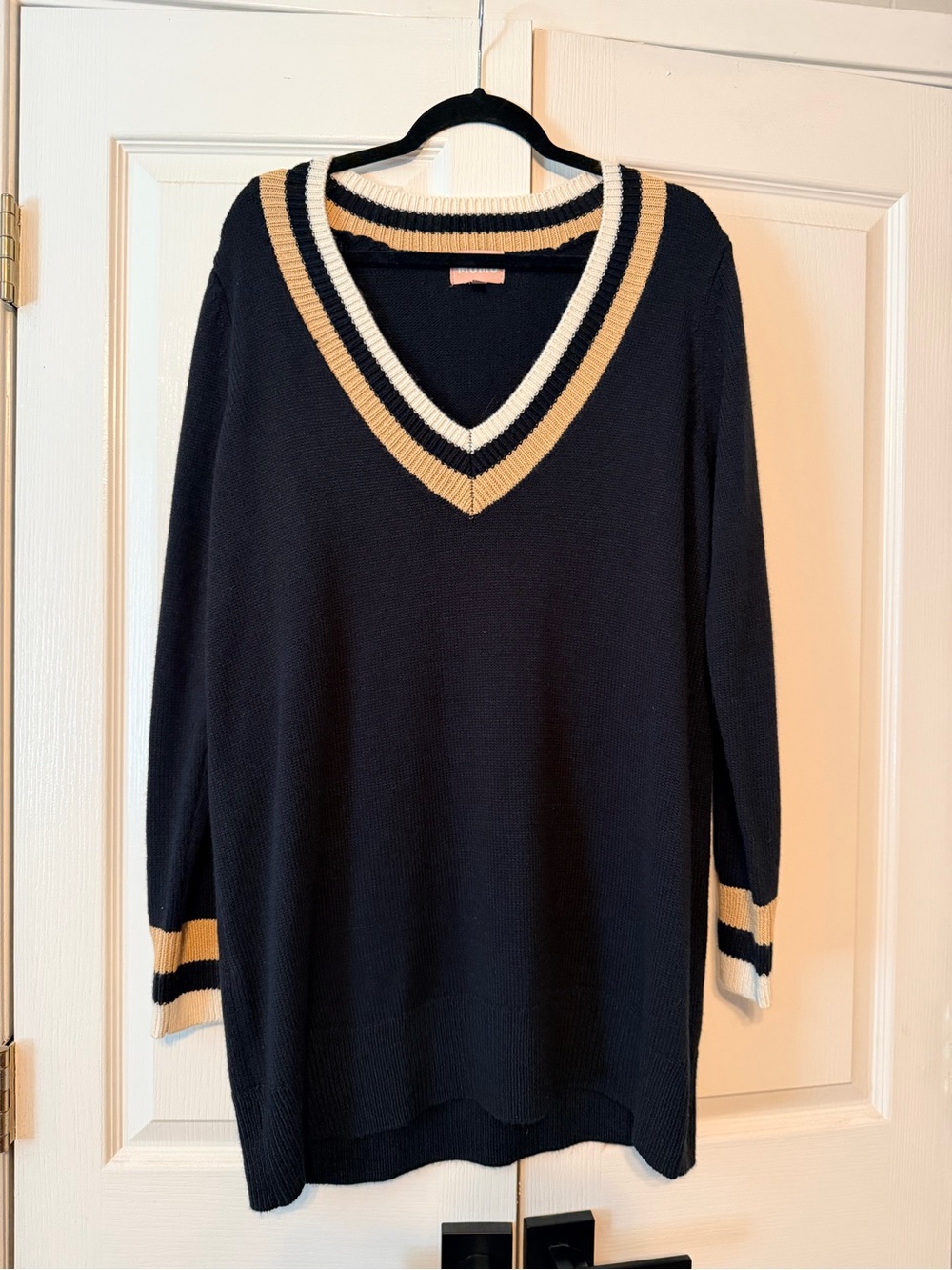 Show Me Your MuMu Black V-Neck Sweater Dress with Cream and Black Trim